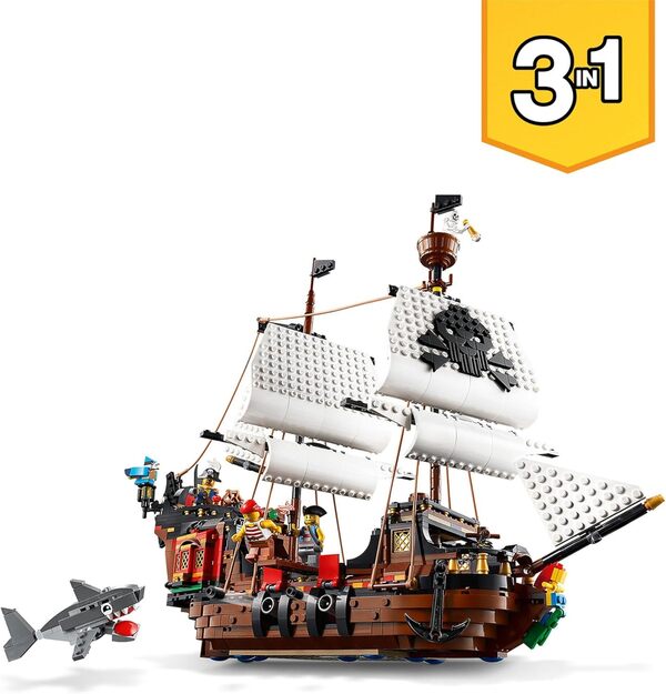 LEGO 31109 Creator Bateau Pirate 3en1: Jouet de Construction d'Aventure, Éducatif et Créatif, Transformable en Auberge & Île au Crâne, pour Enfants de 9 Ans et Plus