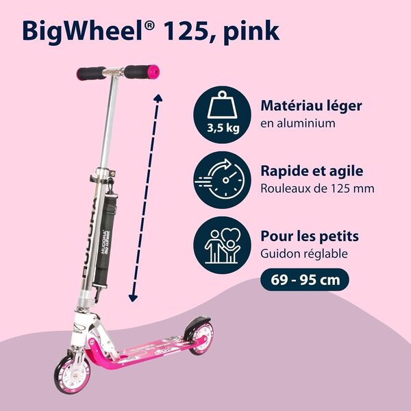 HUDORA BigWheel Scooter 125 - Trottinette en aluminium sûre et de haute qualité pour enfants - Réglable en hauteur pour jusqu'à 100kg - Trottinette pliable stable avec sangle de transport