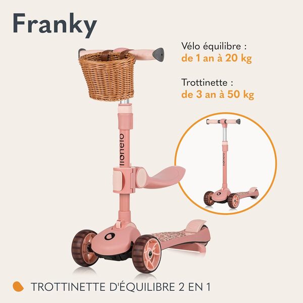 LIONELO Franky 2en1 Trottinette d'équilibre pour Enfants de 3 Ans à 50 kg Patinette de 1 an à 20 kg Roues LED Réglable en Hauteur, Plateforme Antidérapante, Panier (Rose)