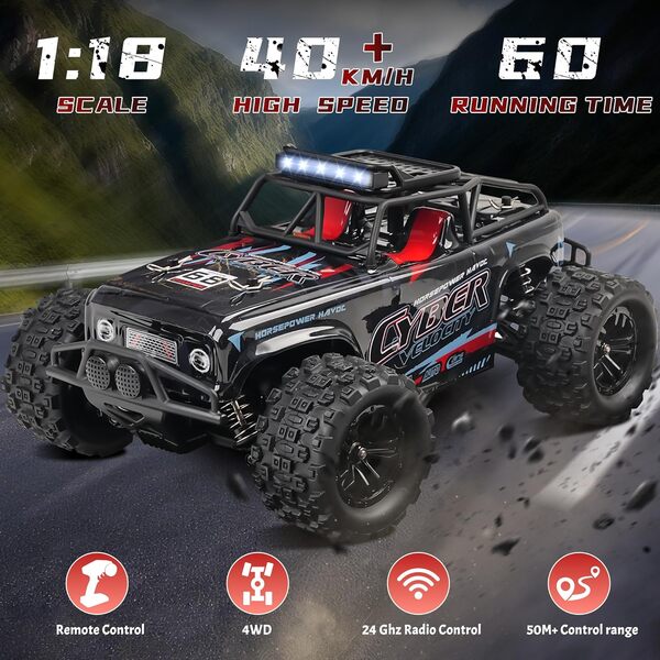 BAZADER Voiture Télécommandée Tout Terrain - 1:18 Scales High Speed 40KM/H Voiture Rc 4WD Off Road RC Truck 2 Batteries 2.4GHz Jouet Rechargeable Voiture Téléguidée pour Adultes Garçons Enfants