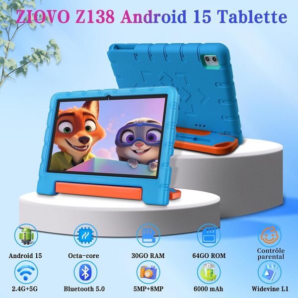 ZIOVO Tablette 10 Pouces Android 15, 30Go RAM+64Go ROM (TF 2To), 5G WiFi Tablettes, Gemini AI, Octa-Core/Widevine L1/Face ID/Contrôle Parental/6000 mAh/BT 5.0, Tablette avec étui Eva -Bleu