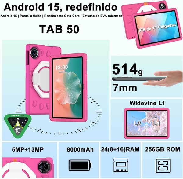 Tablette Android 15, Tablette pour Enfants 11 Pouces, 24Go+256Go+TF 2To, UFS 2.2, Octa-Core, 8000mAh, Gemini AI/Widevine L1, WiFi 6 Contrôle Parental, avec Etui EVA Rotatif à 360°-Vert