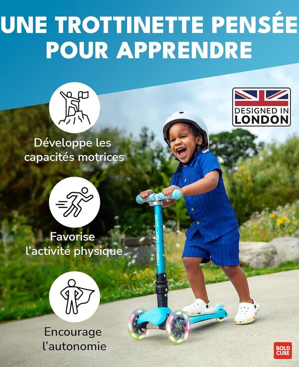 BOLDCUBE Teeny Fold | Trottinette 3 Roues Enfants 3-8 Ans | Pliable | Roues Lumineuses | Hauteur Ajustable 61 à 79 cm