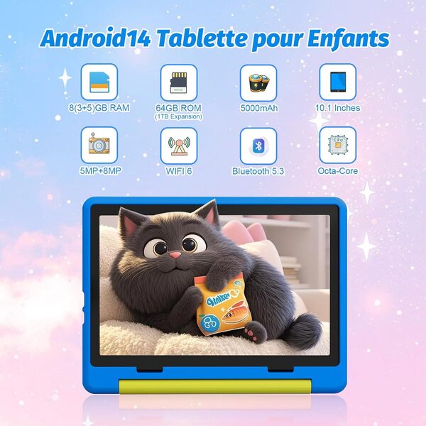 Tablette Enfants 10 Pouces Kids Tablette HD Écran IPS 1280 * 800 Tablettes Tactiles Pour Enfants Android 14 Octa-Core 8GB+64GB Extensible Jusqu’à 1TB Contrôle Parental 5MP+8MP WiFi 6 BT 5.3 (Bleu)