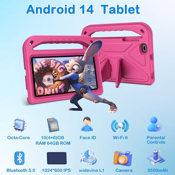 Tablette 7 Pouces, Tablette Android 14 avec 5G Wi-FI 6, 10Go RAM+64Go ROM(TF 1To), Tablette Tactile Octa-Core, Widevine L1, 3500mAh, Contrôle Parental Tablette avec EVA Cas,Rose