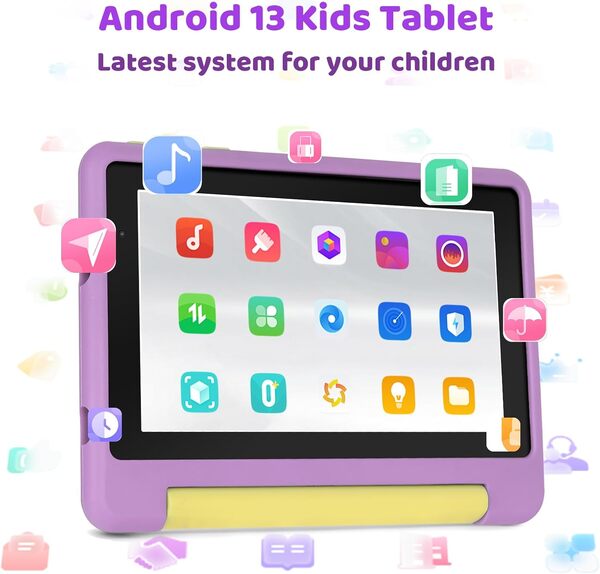 Tablette pour Enfants 7 Pouces Android 13 Quad Core, 8Go+64G0+128Go, Contrôle Parental, 2500mAh, Wi-Fi, Bluetooth, Type-C, avec Kid-Proof Étui (Rose)