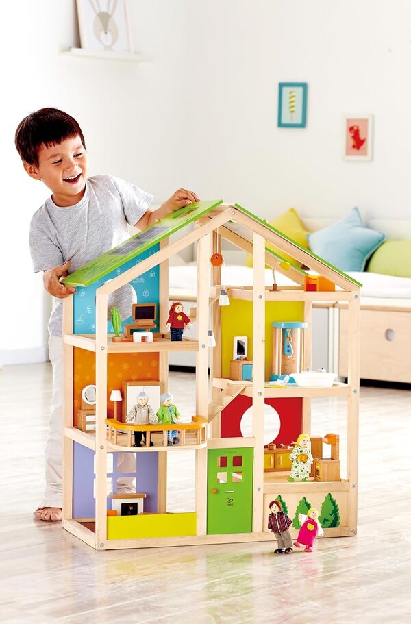 Hape Maison de Poupées Toute Saison Meublée - pour Enfants 2 Ans et Plus - Idéale pour Jeux de Rôle, Communication et Échange - Jeu Amusant & Ludique - Bois Robuste avec Peinture sans Solvant