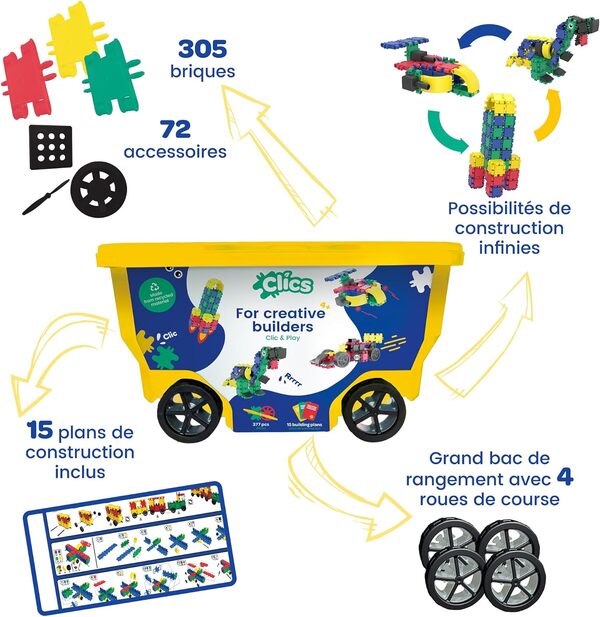 Clics Jeu de Construction, Rollerbox 15 en 1, 305, 72 Accessoires at Autocollants, Jouets Enfants STEM pour des Heures de Plaisir, 3 Ans jusqu'à 12 Ans, Jouets DURABLES en Plastique RECYCLÉ