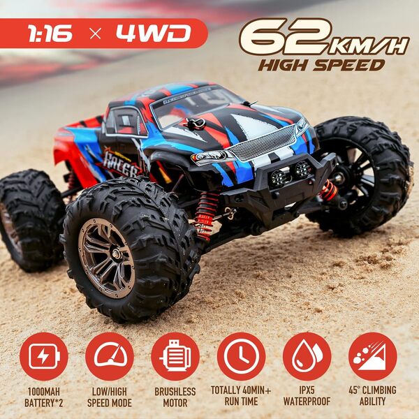 YONCHER YC250 Voiture Télécommandée Tout Terrain, 1:16 62+Km/h Moteur Brushless, 4WD 2.4GHz RC Voiture Camion Telecommande à Grande Vitesse, 4x4 RC électrique Crawlers Véhicule 2 Batteries 40min+