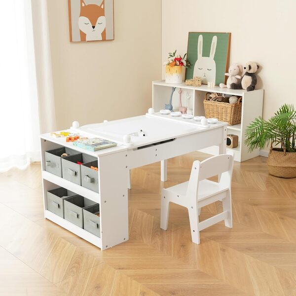 LIFEZEAL Table Enfant avec 2 Chaises, Rouleau en Papier et Tiroirs de Rangement, Charge 91/75 KG, Tableau Blanc, Table de Bricolage et d'apprentissage 3 en 1,Garçon Fille (Blanc)
