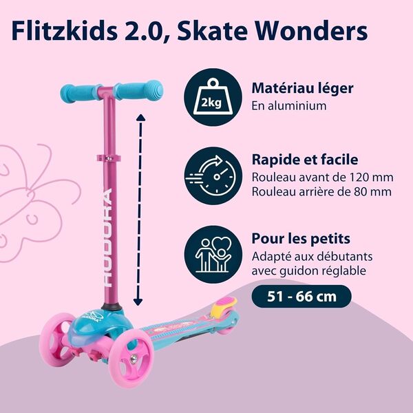 HUDORA Scooter Flitzkids 2.0 - Trottinette stable avec une grande plateforme - Réglable en hauteur et transportable - Mini-Trottinette à trois roues en aluminium pour enfants jusqu'à 50kg