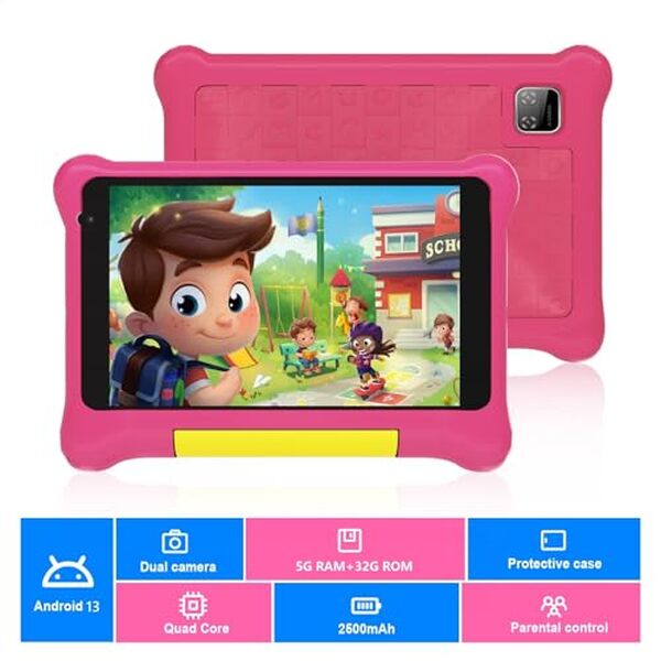 Test de la tablette Yicty pour enfants avec écran 7 pouces sous android 13 : design rose antichoc et fonctionnalités adaptées aux petits utilisateurs.