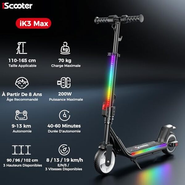 Découvrez la trottinette électrique iScooter IK3MAX pour enfants : un mélange parfait de performance et de style pour des trajets en toute sécurité et avec élégance.