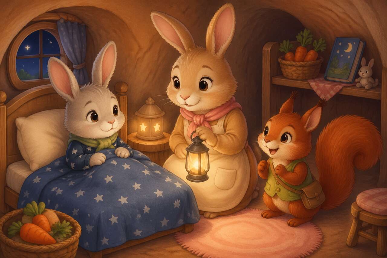 Dans le terrier, une petite lanterne éclaire doucement la chambre au moment du coucher.