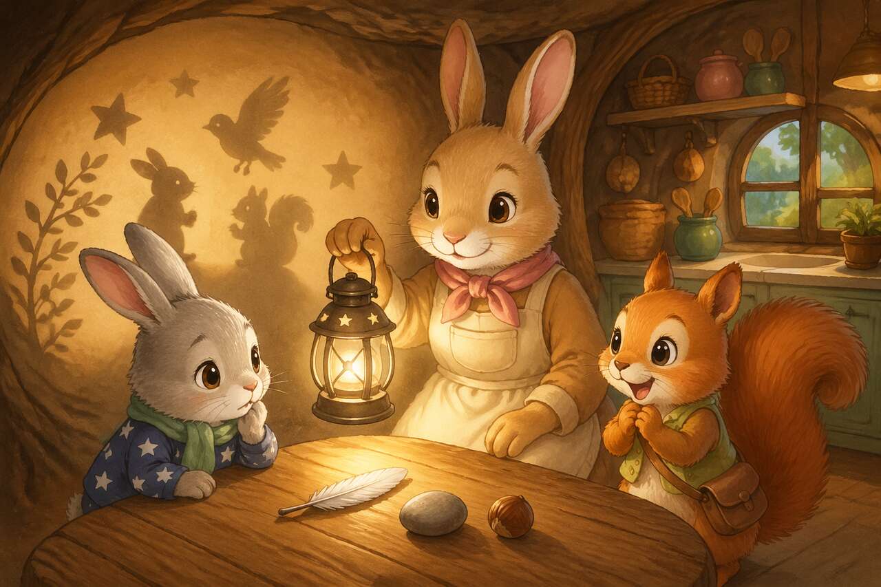 Une lanterne projette des ombres amusantes sur le mur pendant un jeu rassurant.
