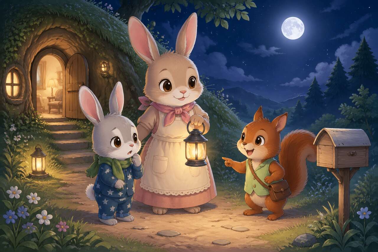 Dans la clairière au clair de lune, une petite marche rassurante commence avec une lanterne.