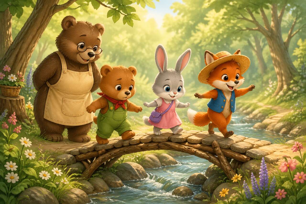Un petit pont de branches est terminé et les amis le traversent avec joie