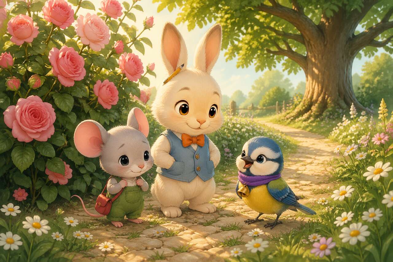 Mina la petite souris timide marche dans le jardin près d'une haie de rosiers