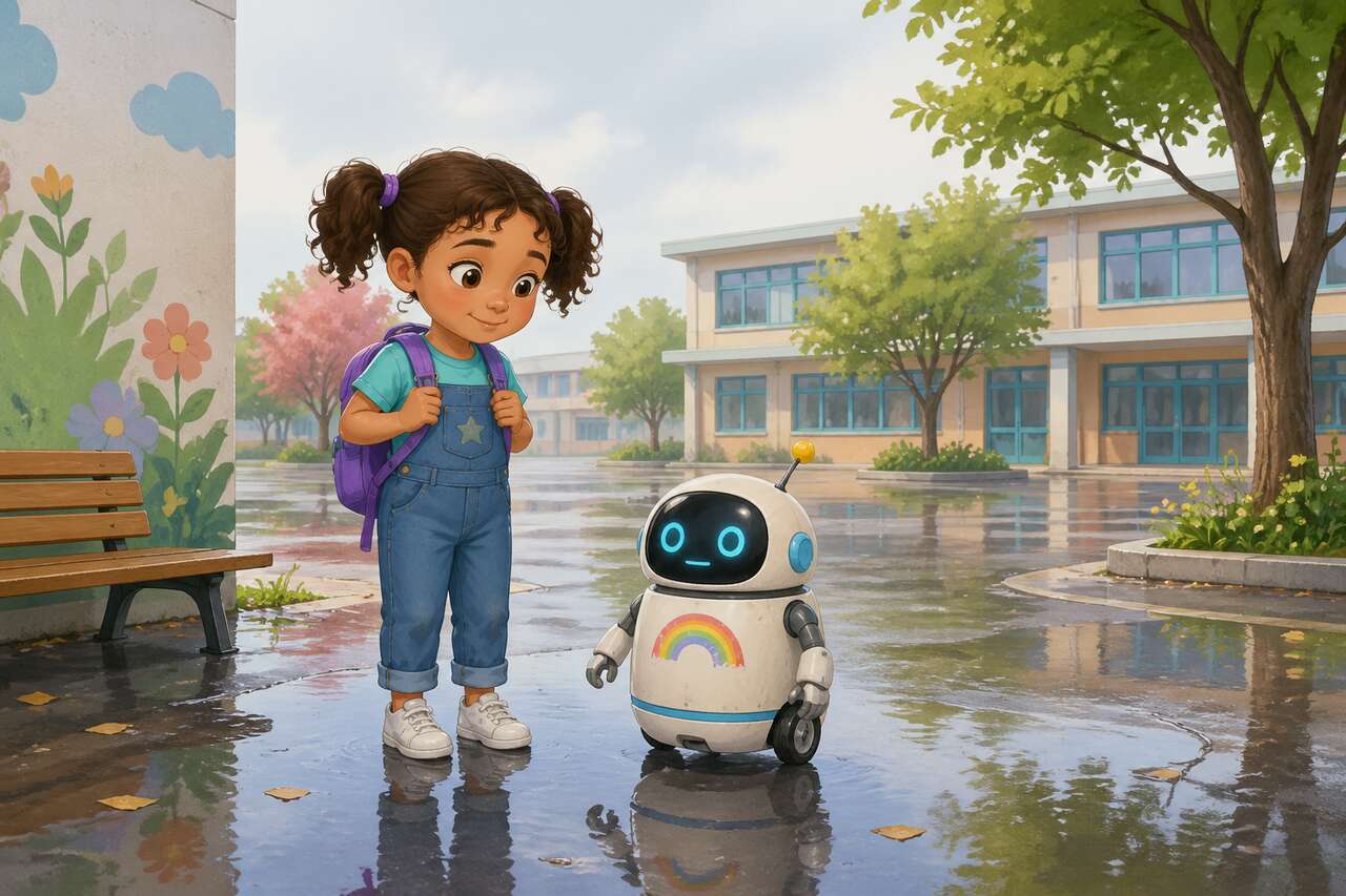 Dans la cour mouillée de l'école, Lila et Romy observent le ciel sans arc-en-ciel