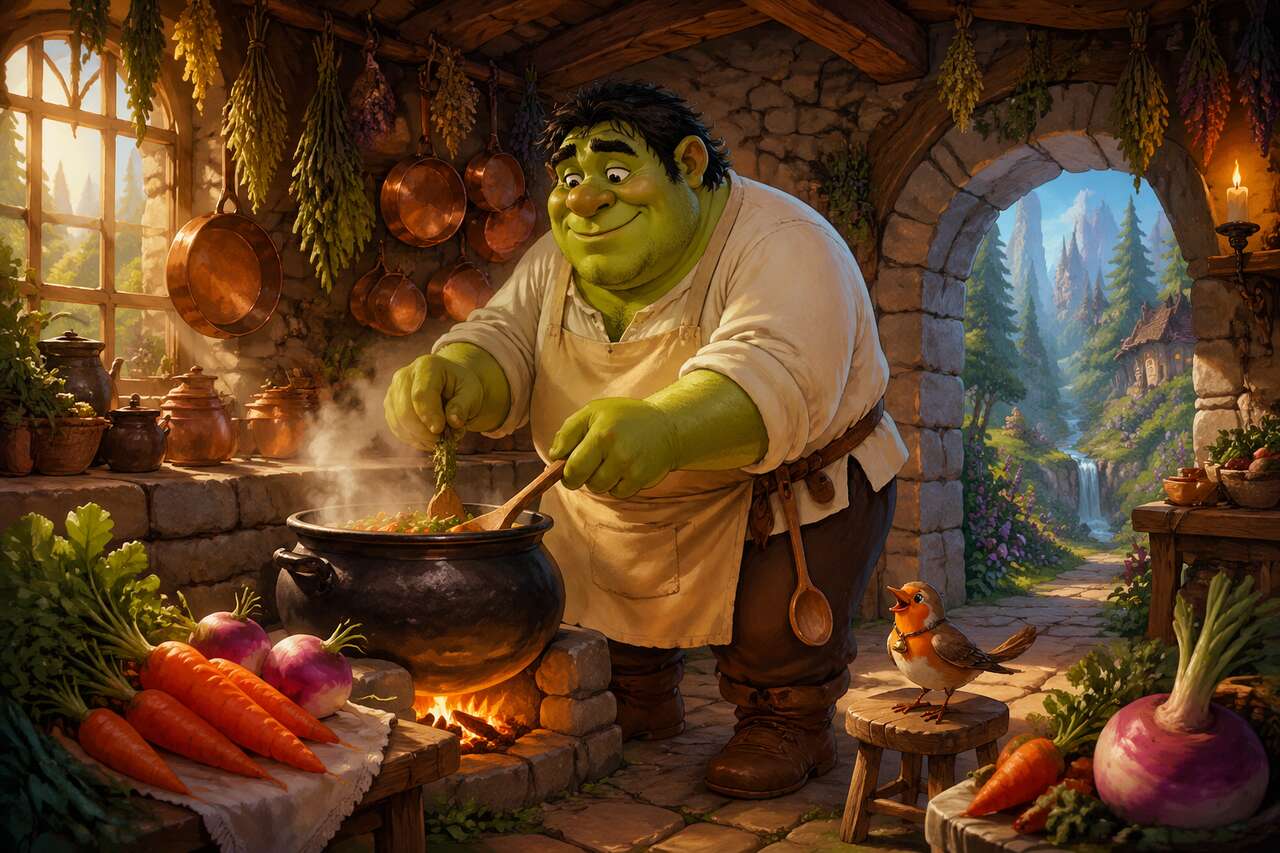 Gaspard l'ogre remue sa marmite dans sa maison au bord de la forêt