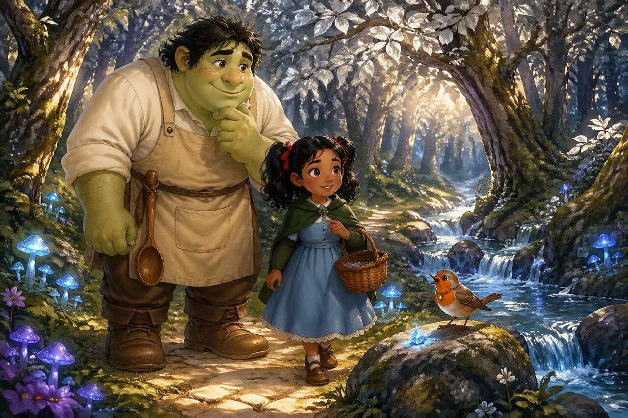 Mina rejoint Gaspard et Plume sur un sentier de forêt enchantée
