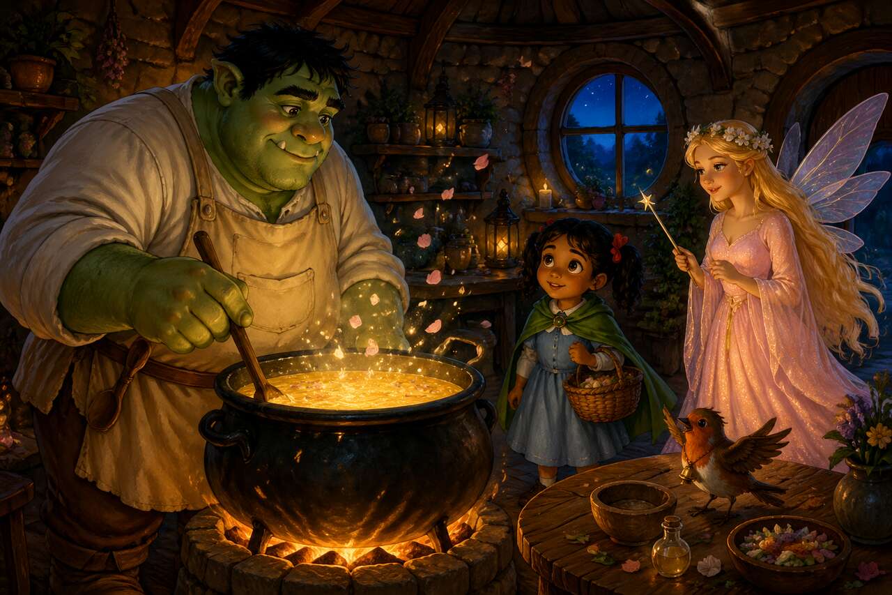 La fée Rosaline enchante la marmite pendant que Gaspard, Mina et Plume préparent la soupe
