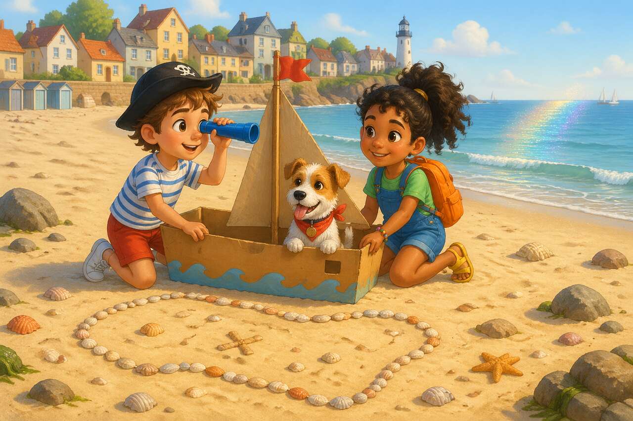 Tom et Mila jouent sur la plage avec un bateau en carton, tandis qu’une lueur étrange brille au loin sur la mer.