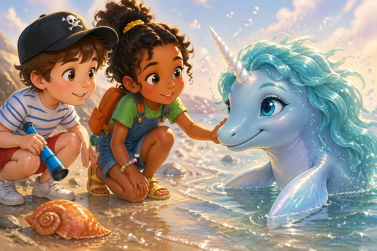 La licorne des mers, Écume, apparaît tout près du rivage et offre un coquillage spirale aux enfants.