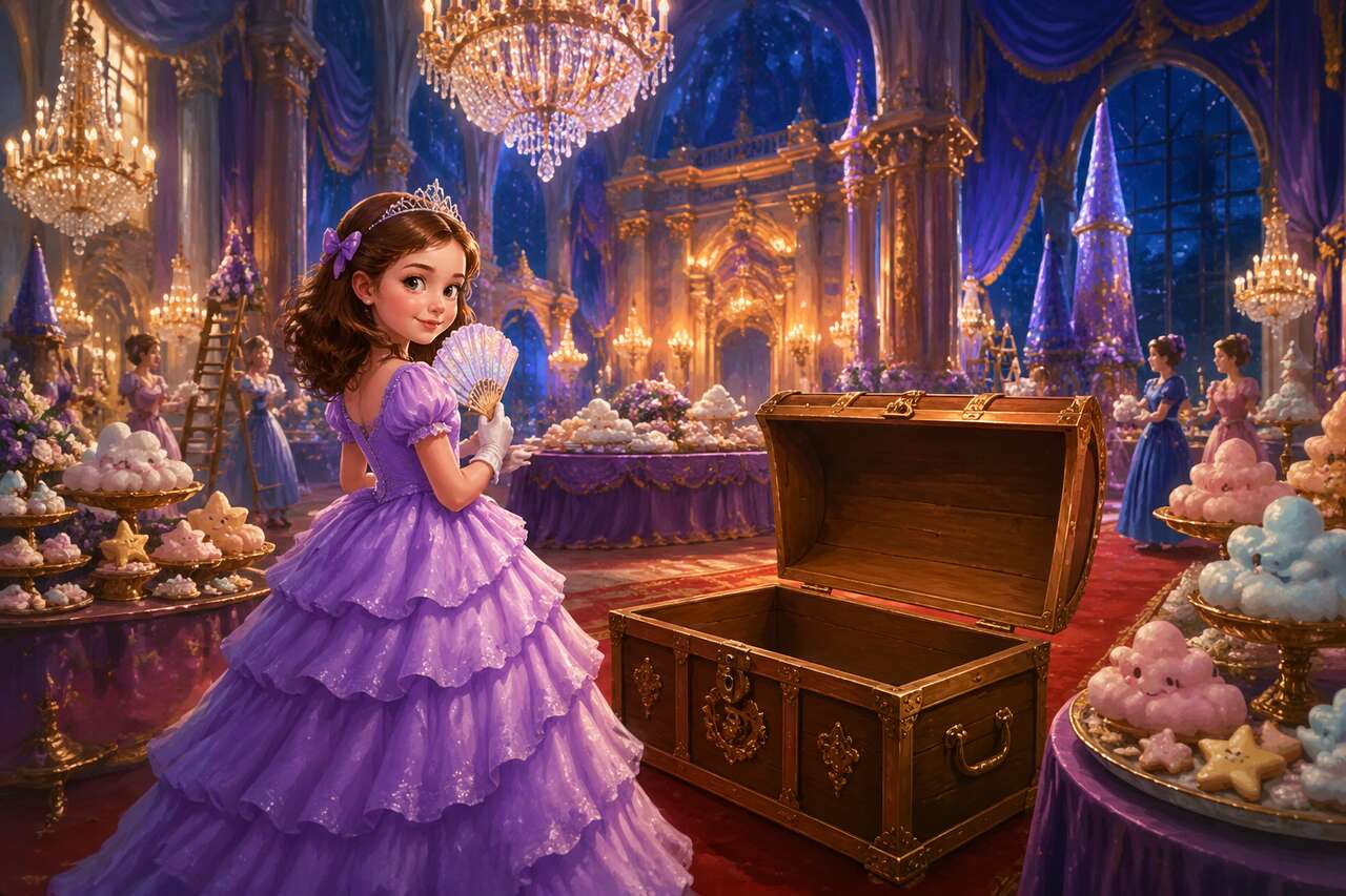 La princesse Lila découvre que le coffre des masques est vide dans la grande salle du château.