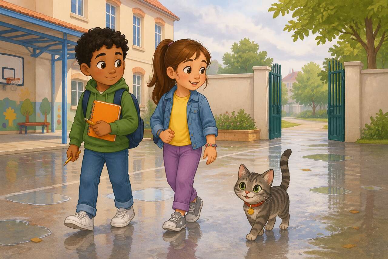 Samir et Inès dans la cour de l'école, tandis que Milo attire leur attention