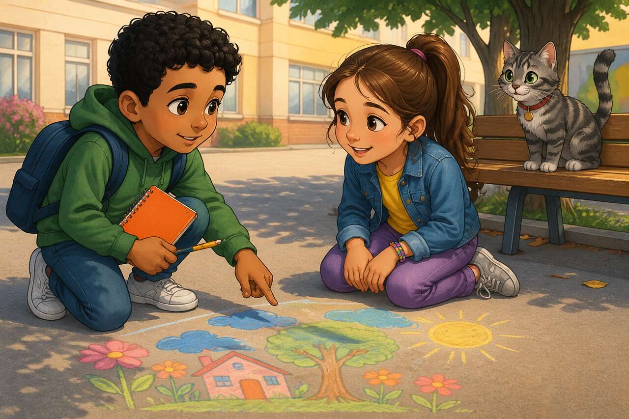 Samir sur un banc, encourage les autres à ajouter des couleurs avec des mots joyeux