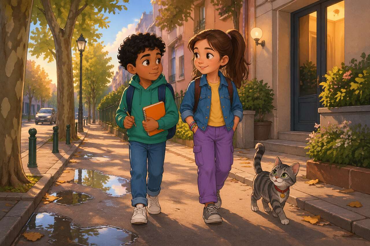 Samir et Inès rentrent chez eux, apaisés, avec Milo dans la rue des platanes