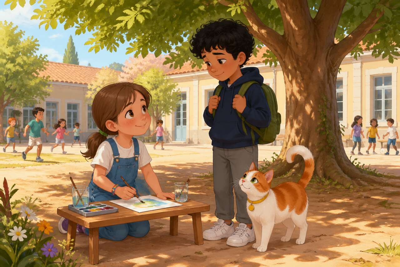 Emma peint à une table dans la cour de l'école, tandis que Noé observe un peu plus loin