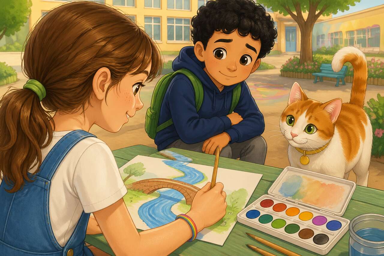 Emma et Noé dessinent ensemble une rivière et un pont sur une feuille