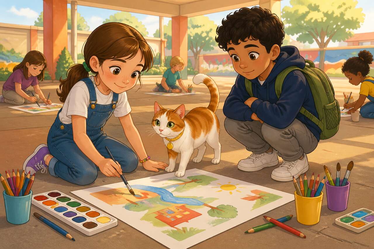 Sous le préau, Emma et Noé préparent une grande affiche sur l'amitié