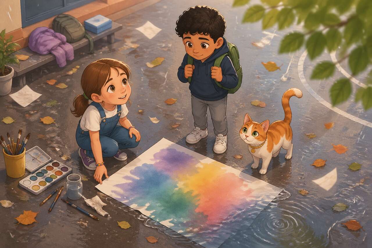 Une rafale de vent mouille l'affiche, et Emma transforme les taches en nuages colorés