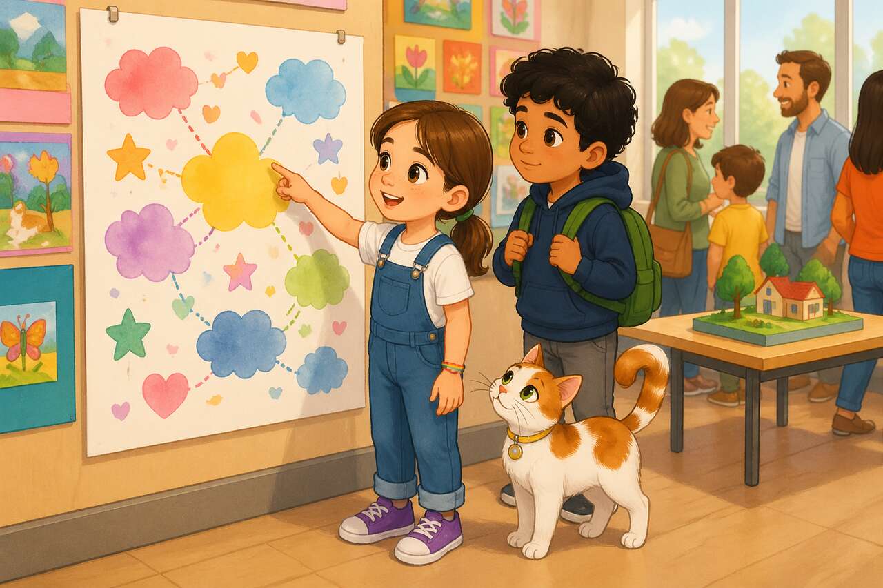 Dans la classe, Emma et Noé présentent leur affiche de l'amitié entourée de nuages multicolores