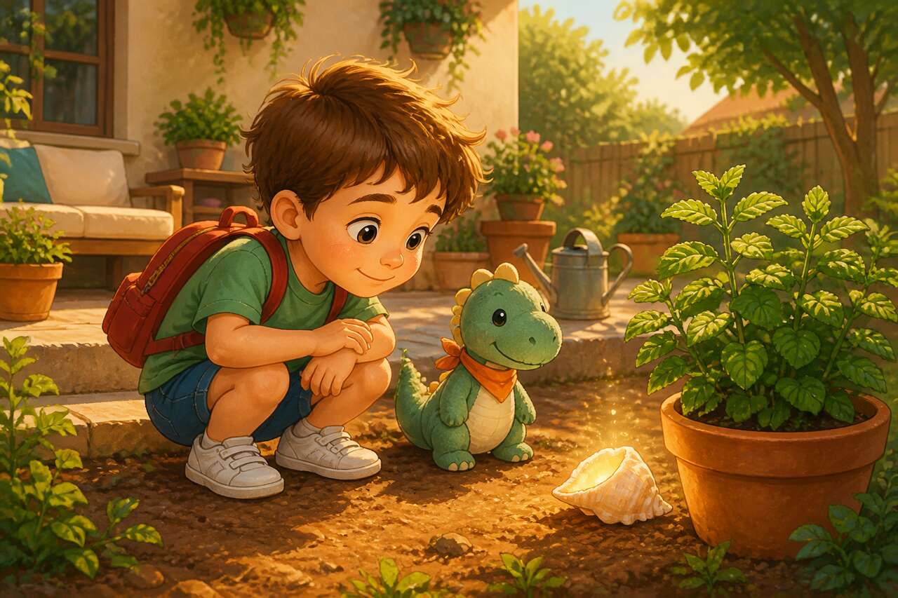 Noé découvre un coquillage brillant dans le jardin, avec Léo dans ses bras.