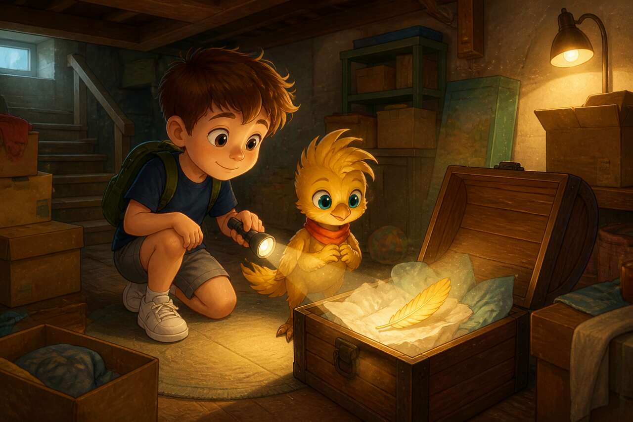 Hugo découvre un petit dinosaure à plumes dorées dans un coffre à jouets, dans la cave.