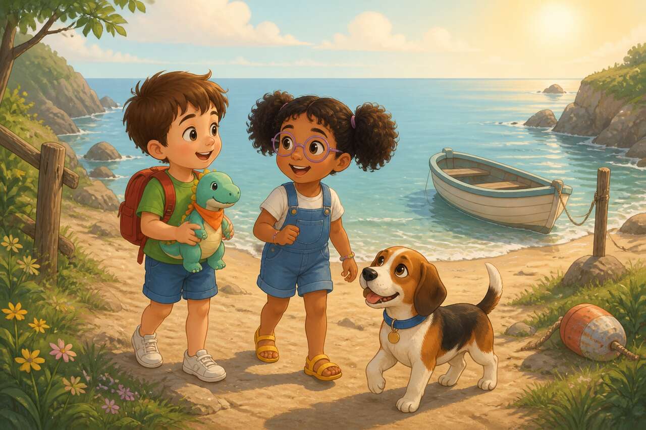 Noé et Mina, avec Paco, trouvent un petit bateau près des rochers de la plage.