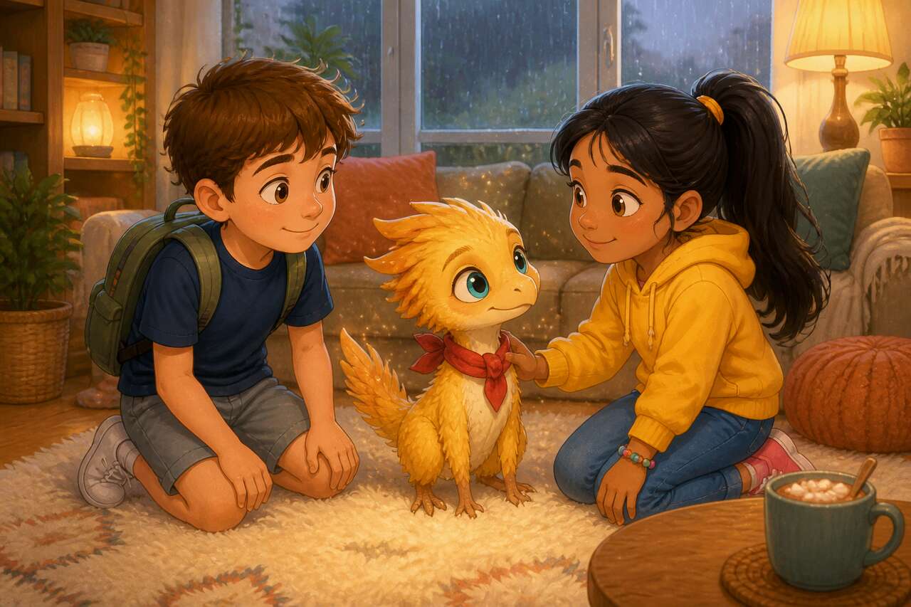 Dans le salon, Hugo et Lina écoutent Plume qui explique qu'il veut retrouver un endroit près du parc.