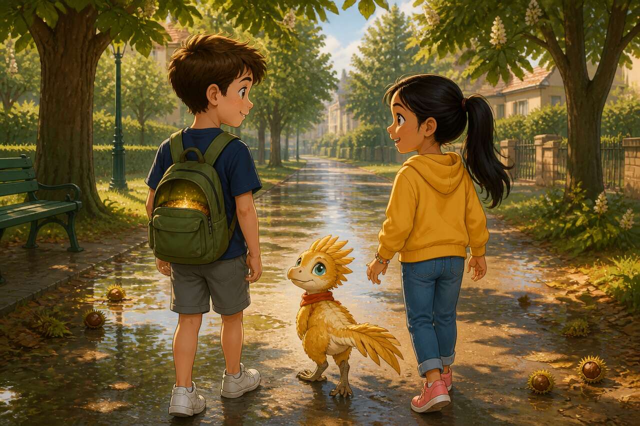 Hugo et Lina traversent le parc en suivant Plume, caché dans le sac à dos, sous les arbres.