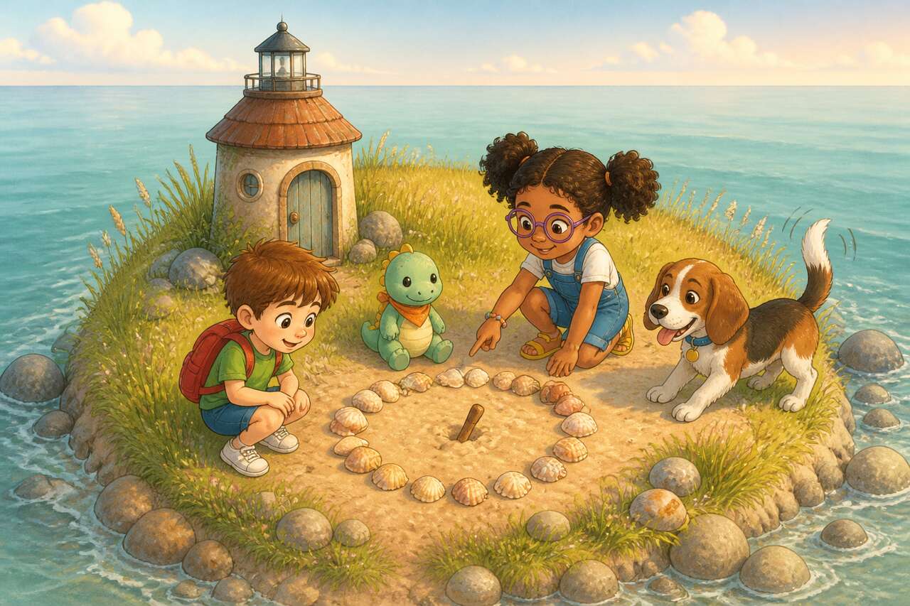 Les enfants arrivent sur un îlot avec un petit phare et un cercle de coquillages dans le sable.