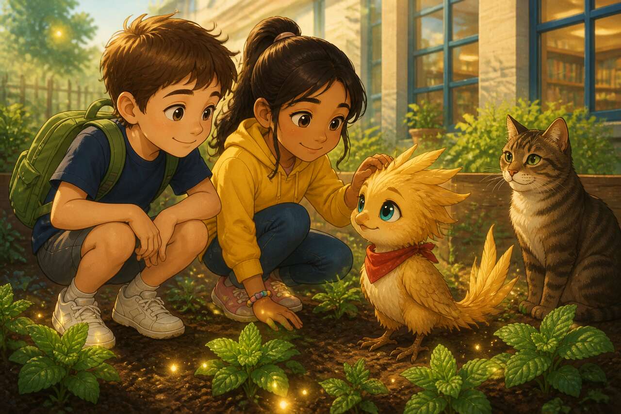 Près du jardin partagé derrière la bibliothèque, Plume retrouve son endroit et se détend avec Hugo et Lina.