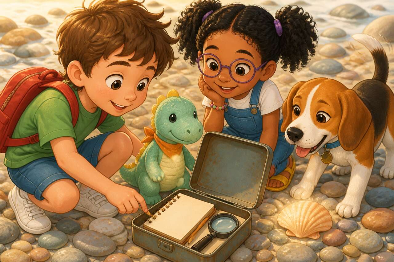 Noé et Mina ouvrent une boîte et découvrent un carnet pour laisser des dessins sur l’île.