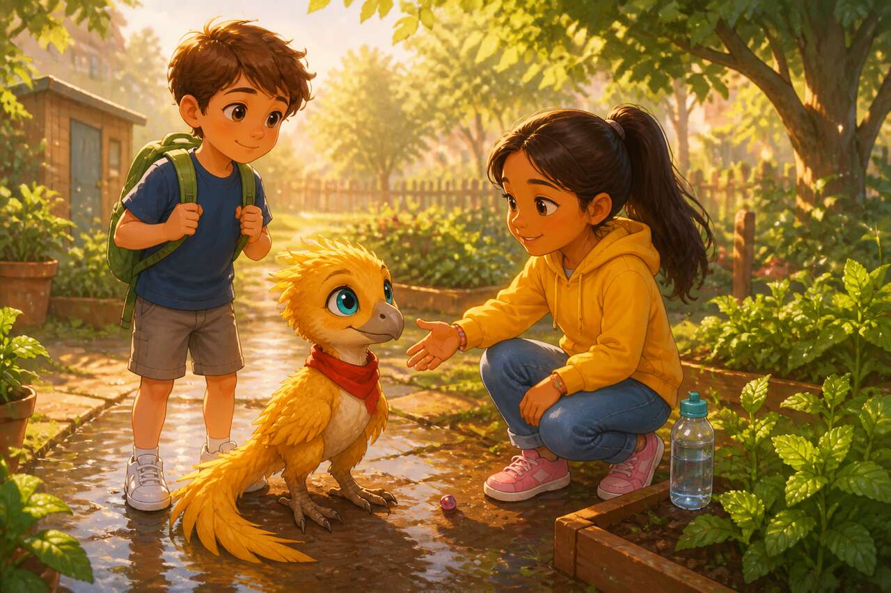 Dans le jardin partagé, Hugo et Lina disent au revoir à Plume et lui laissent de l'eau et une perle en souvenir.
