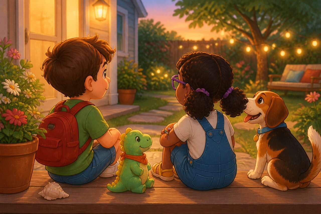 Noé rentre chez lui, apaisé, et repose le coquillage dans le jardin avec Léo.